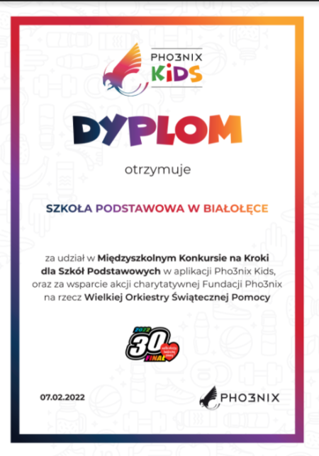 DYPLOM DLA SZKOŁY OD ''PHO3NIX KIDS''